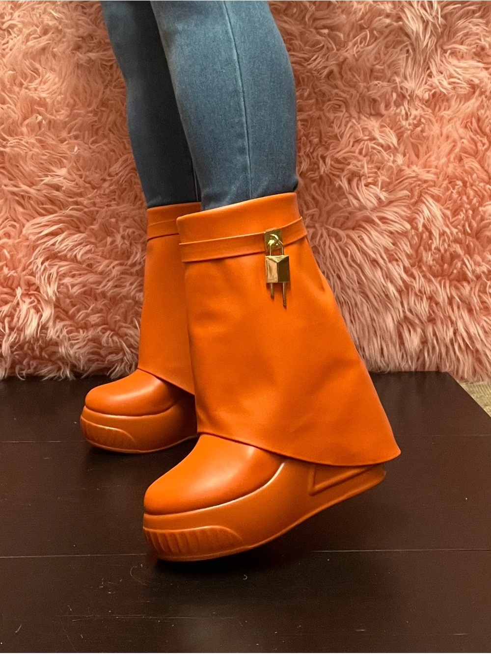 Hot Miami Styles Orange Platform Ankle Boot with Gold Lock Accent - Picture 2 of 2
